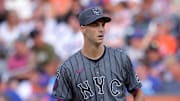 Aug 2, 2025; New York City, New York, USA; New York Mets relief pitcher Tyler Rogers (71) reacts during the seventh inning against the San Francisco Giants at Citi Field. Mandatory Credit: Brad Penner-Imagn Images