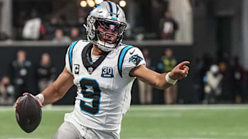 Carolina Panthers quarterback Bryce Young (9) runs for a touchdown against the Atlanta Falcons during the second half at Mercedes-Benz Stadium.