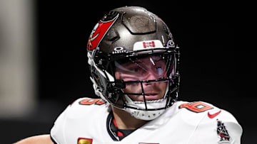 Sep 7, 2025; Atlanta, Georgia, USA; Tampa Bay Buccaneers quarterback Baker Mayfield (6) looks to pass the ball against the Atlanta Falcons during the first quarter at Mercedes-Benz Stadium. Mandatory Credit: Brett Davis-Imagn Images