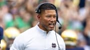 Sep 20, 2025; South Bend, Indiana, USA; Notre Dame Fighting Irish head coach Marcus Freeman celebrates a turnover by the defense against the Purdue Boilermakers during the first half at Notre Dame Stadium. 