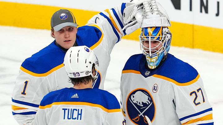 Buffalo Sabres players Ukko-Pekka Luukkonen, Alex Tuch and Devon Levi