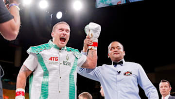 Oleksandr Usyk after his win over Chazz Witherspoon during a heavyweight boxing match