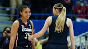 Nov 14, 2021: UConn Huskies guard Paige Bueckers and guard Azzi Fudd on the court against the Arkansas Razorbacks.