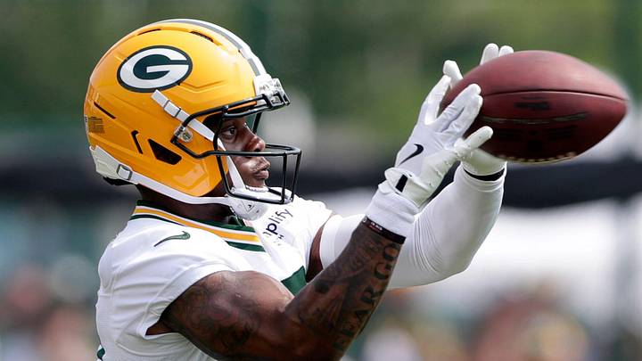 Green Bay Packers running back MarShawn Lloyd (32) participates in drills during the third day of training camp on July 25, 2025, at Ray Nitschke Field in Ashwaubenon, Wis.