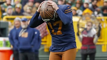 Nov 2, 2025; Green Bay, Wisconsin, USA; Green Bay Packers place kicker Brandon McManus (17) reacts after missing a 43-yard field goal against the Carolina Panthers during the game at Lambeau Field. Mandatory Credit: Tork Mason-USA TODAY Network via Imagn Images
