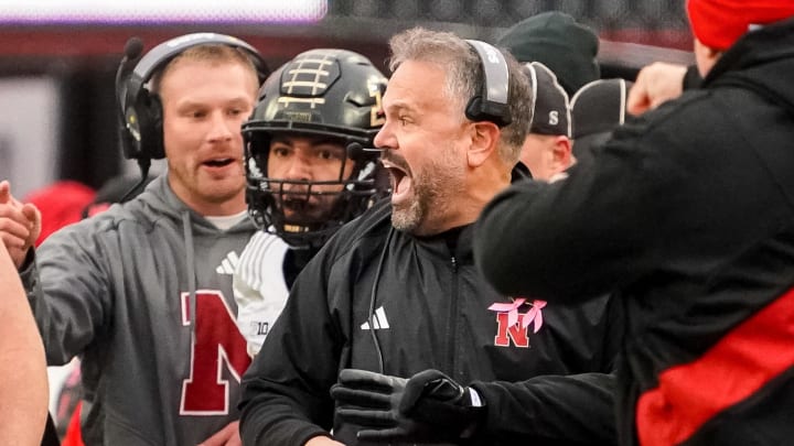 Oct 28, 2023; Lincoln, Nebraska, USA; Nebraska Cornhuskers head coach Matt Rhule reacts after a fourth-down stop against the Purdue Boilermakers at Memorial Stadium. 