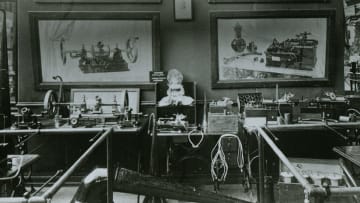 An Edison phonograph exhibit with a talking doll in Paris, 1889.