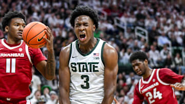 Michigan State's Cam Ward, center, celebrates after a score against Arkansas during the first half on Saturday, Nov. 8, 2025, at the Breslin Center in East Lansing.