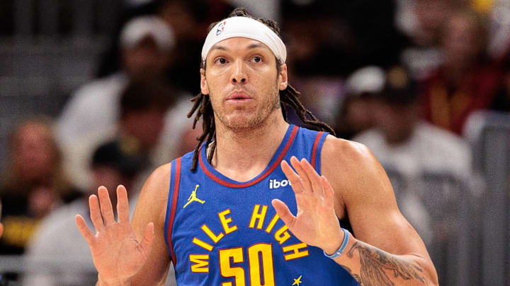 Apr 20, 2024; Denver, Colorado, USA; Denver Nuggets forward Aaron Gordon (50) reacts during the first quarter against the Los Angeles Lakers in game one of the first round for the 2024 NBA playoffs at Ball Arena. Mandatory Credit: Andrew Wevers-Imagn Images