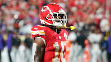 Sep 5, 2024; Kansas City, Missouri, USA; Kansas City Chiefs running back Isiah Pacheco (10) celebrates after scoring against the Baltimore Ravens during the game at GEHA Field at Arrowhead Stadium. Mandatory Credit: Denny Medley-Imagn Images