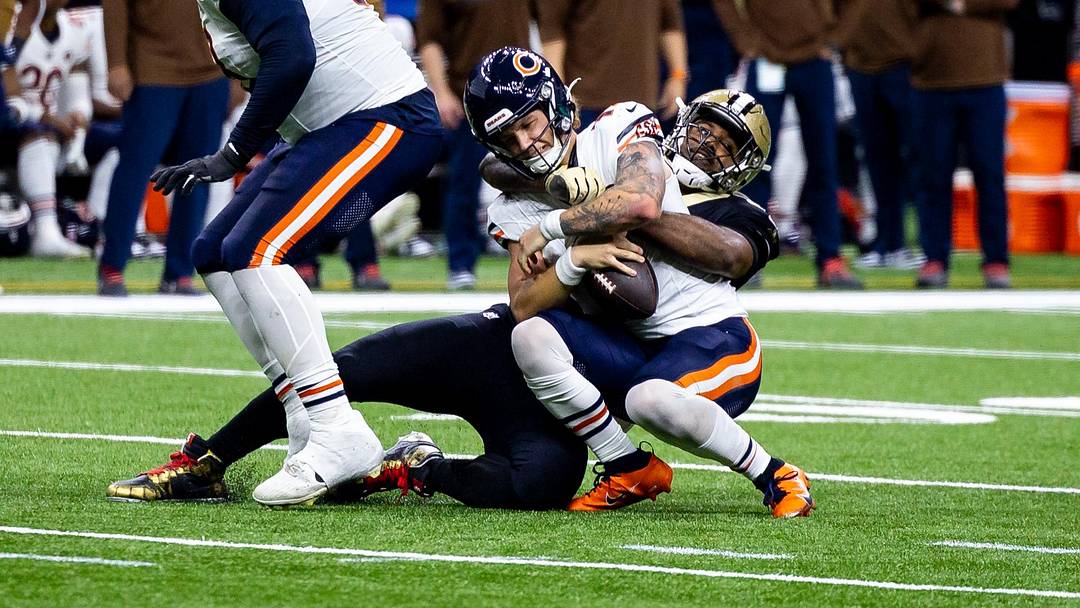 Nov 5, 2023; New Orleans, Louisiana, USA;  New Orleans Saints defensive end Cameron Jordan (94) sacks Chicago Bears quarterback Tyson Bagent (17) during the first half at the Caesars Superdome. Mandatory Credit: Stephen Lew-Imagn Images
