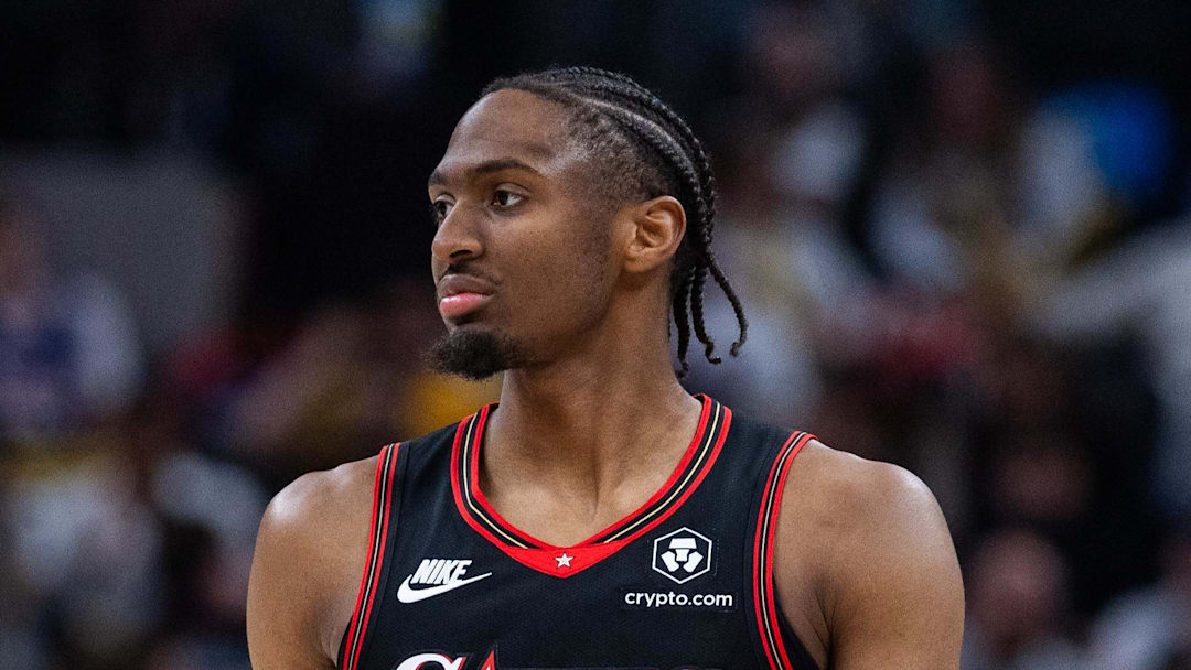 Apr 10, 2026; Indianapolis, Indiana, USA; Philadelphia 76ers guard Tyrese Maxey (0)  in the second half against the Indiana Pacers at Gainbridge Fieldhouse. Mandatory Credit: Trevor Ruszkowski-Imagn Images