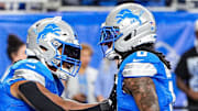Detroit Lions running back David Montgomery (5), left, warm up with running back Jahmyr Gibbs (0) ahead of the Cleveland Browns game at Ford Field in Detroit on Sunday, Sept. 28, 2025.