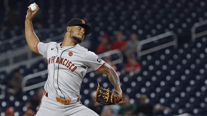 Aug 7, 2024; Washington, District of Columbia, USA; San Francisco Giants pitcher Camilo Doval (75) pitches against the Washington Nationals during the ninth inning at Nationals Park. 