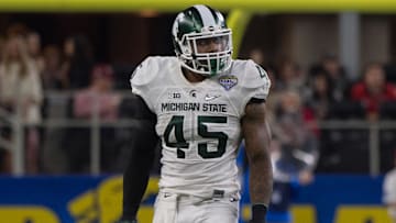 Dec 31, 2015; Arlington, TX, USA; Michigan State Spartans linebacker Darien Harris (45) during the game against the Alabama Crimson Tide in the 2015  Cotton Bowl at AT&T Stadium. Mandatory Credit: Jerome Miron-Imagn Images