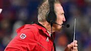 Nov 17, 2024; Orchard Park, New York, USA; Kansas City Chiefs defensive coordinator Steve Spagnuolo on the sidelines in the fourth quarter against the Buffalo Bills at Highmark Stadium. Mandatory Credit: Mark Konezny-Imagn Images