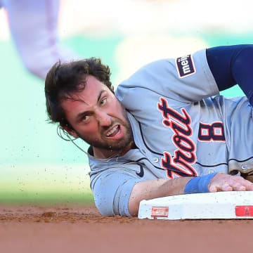 Jun 27, 2024; Anaheim, California, USA; Detroit Tigers third base Matt Vierling (8) is caught stealing second against the Los Angeles Angels during the first inning at Angel Stadium.
