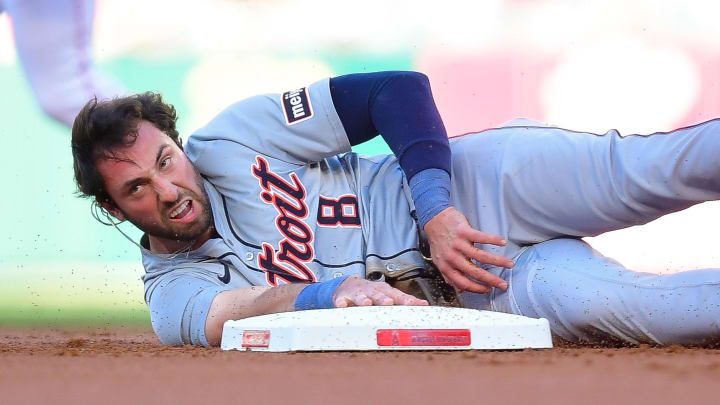 Jun 27, 2024; Anaheim, California, USA; Detroit Tigers third base Matt Vierling (8) is caught stealing second against the Los Angeles Angels during the first inning at Angel Stadium.