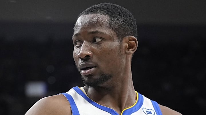 Jonathan Kuminga reacts to a call by an official during the first half against the San Antonio Spurs at Frost Bank Center