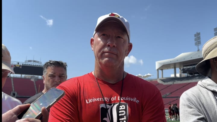 Louisville head coach Jeff Brohm meets with the media following the final practice of fall camp.