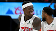 Apr 4, 2025; Toronto, Ontario, CAN;  Detroit Pistons guard Dennis Schroder (17) reacts and clutches his wrist after a shooting attempt against the Toronto Raptors in the second half at Scotiabank Arena. Mandatory Credit: Dan Hamilton-Imagn Images