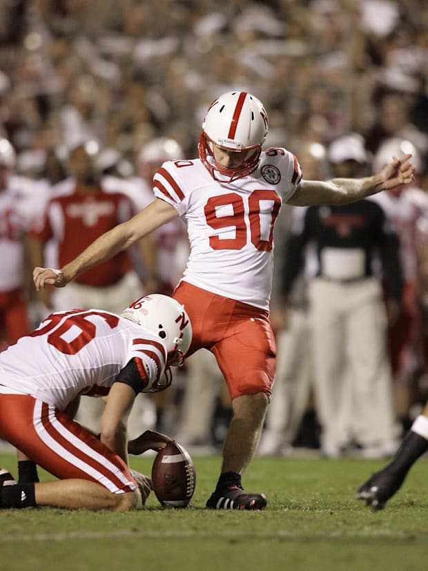 Nebraska Cornhuskers kicker Alex Henery kicks a field goal against the Texas A&M Aggies in the first quarter at Kyle Field.