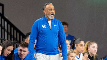 Kentucky Wildcats head coach Kenny Brooks shouts to his players during their game against the Louisville Cardinals on Saturday, Nov. 16, 2024 at Memorial Coliseum in Lexington, Ky.