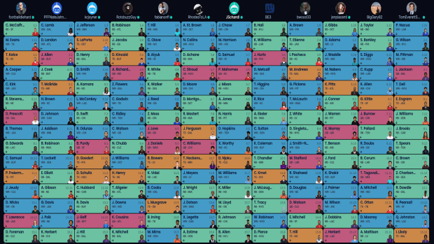 Screenshot of full 12-team fantasy football PPR mock draft results.