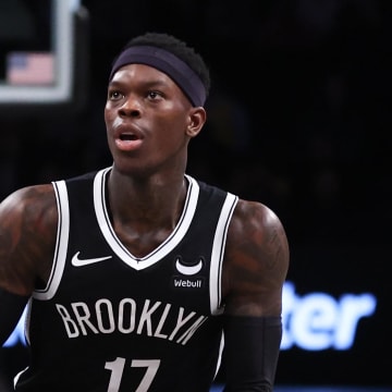 Mar 31, 2024; Brooklyn, New York, USA; Brooklyn Nets guard Dennis Schroder (17) looks to shoot during the first quarter against the Los Angeles Lakers at Barclays Center. Mandatory Credit: Vincent Carchietta-USA TODAY Sports