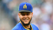 Seattle Mariners starting pitcher Luis Castillo smiles during a game against the Tampa Bay Rays on Aug. 8 at T-Mobile Park.