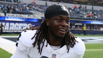 Nov 30, 2025; Inglewood, California, USA; Las Vegas Raiders running back Ashton Jeanty (2) reacts before the game at SoFi Stadium. Mandatory Credit: Kiyoshi Mio-Imagn Images