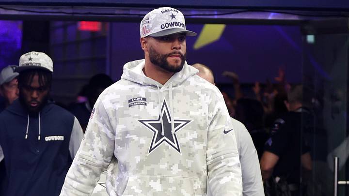 Nov 10, 2024; Arlington, Texas, USA; Dallas Cowboys quarterback Dak Prescott (4) walks on to the field before the game against the Philadelphia Eagles at AT&T Stadium. Mandatory Credit: Tim Heitman-Imagn Images