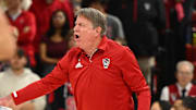 Mar 24, 2025; Raleigh, North Carolina, USA; NC State Wolfpack head coach Wes Moore argues a call during the first half at James T. Valvano Arena at William Neal Reynolds. Mandatory Credit: William Howard-Imagn Images
