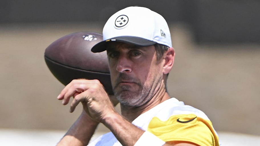 Steelers quarterback Aaron Rodgers was stepped on during practice. | Barry Reeger-Imagn Images