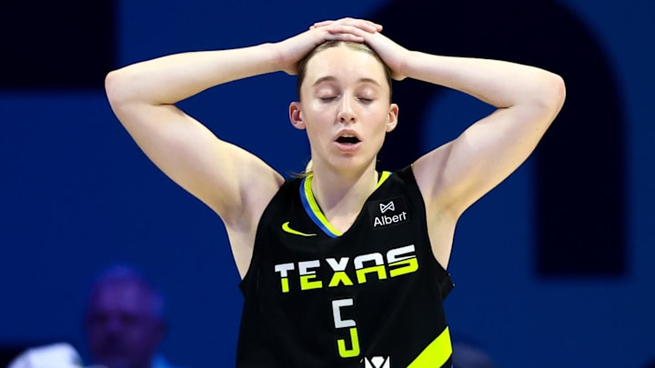 Dallas Wings guard Paige Bueckers (5) reacts during the second half against the Golden State Valkyries at College Park Center. Mandatory Credit: Kevin Jairaj-Imagn Images Dallas Wings guard Paige Bueckers (5) reacts during the second half against the Golden State Valkyries at College Park Center. Mandatory Credit: Kevin Jairaj-Imagn Images