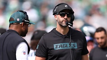 Sep 21, 2025; Philadelphia, Pennsylvania, USA; Philadelphia Eagles head coach Nick Sirianni  during the first half at Lincoln Financial Field. Mandatory Credit: Bill Streicher-Imagn Images