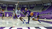 RJ Jones (left) and Frankie Collins (right) at practice for TCU Men's Basketball