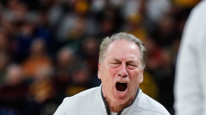 Michigan State head coach Tom Izzo reacts to a play against Purdue during the second half of quarterfinal of Big Ten tournament at Target Center in Minneapolis, Minn. on Friday, March 15, 2024.