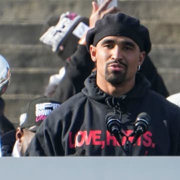 Eagles quarterback Jalen Hurts speaks during the Philadelphia Eagles Super Bowl celebration in front of the Philadelphia Museum of Art, Friday, Feb. 14, 2025.