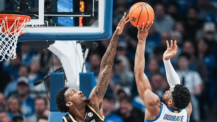 Missouri Tigers center Shawn Phillips Jr. (15) blocks the shot of Kentucky Wildcats forward Mouhamed Dioubate (23) in the second half during the Wildcats' loss to the Tigers during SEC college basketball at Rupp Arena in Lexington, Kentucky January 7, 2026.