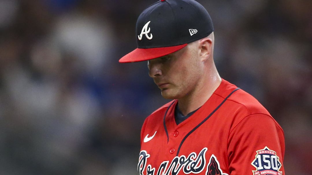 Jun 4, 2021; Atlanta, Georgia, USA;  Former Atlanta Braves relief pitcher Sean Newcomb (15) reacts after being pulled from a game against the Los Angeles Dodgers in the fifth inning at Truist Park.