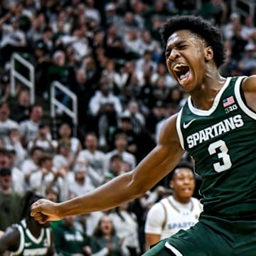 Michigan State's Cam Ward celebrates after his dunk against San Jose State during the second half on Thursday, Nov. 13, 2025, at the Breslin Center in East Lansing.