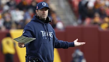 Dec 1, 2024; Landover, Maryland, USA; Tennessee Titans head coach Brian Callahan gestures from the bench against the Washington Commanders during the first half at Northwest Stadium. Mandatory Credit: Geoff Burke-Imagn Images