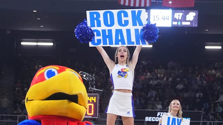 Mar 20, 2025; Providence, RI, USA;  Kansas Jayhawks mascot on the court during a break in the game against the Arkansas Razorbacks at Amica Mutual Pavilion. Mandatory Credit: Gregory Fisher-Imagn Images
