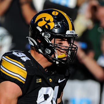 Sep 25, 2021; Iowa City, Iowa, USA; Iowa Hawkeyes defensive lineman Lukas Van Ness (91) in action against the Colorado State Rams at Kinnick Stadium. Mandatory Credit: Jeffrey Becker-Imagn Images