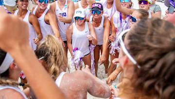 TCU Beach Volleyball celebrating advancing to the National Championship.