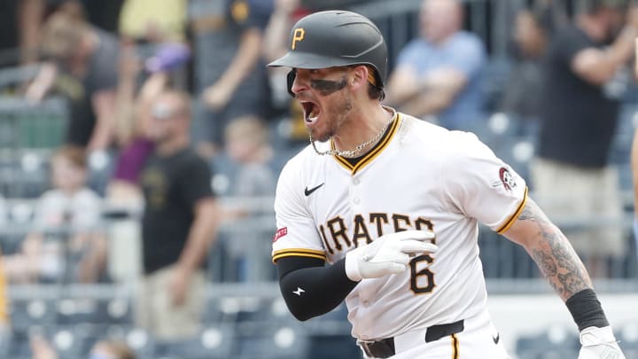 Pittsburgh Pirates catcher Yasmani Grandal (6) reacts after hitting a game-winning walk-off two-run home run against the Cincinnati Reds during the ninth inning at PNC Park. 