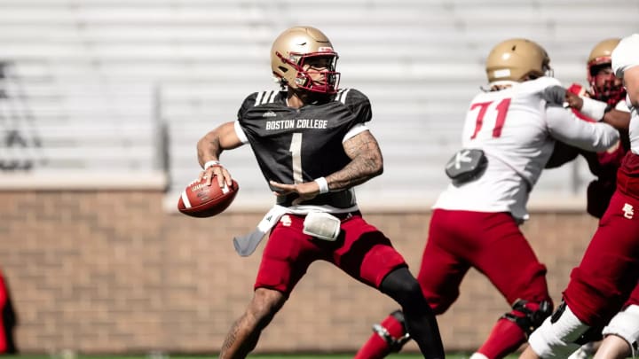 Boston College quarterback, Thomas Castellanos gears up to throw during spring practice at Alumni Stadium in Chestnut Hill, Massachusetts. MANDATORY CREDIT: Anthony Garro - Creative Director: Boston College Athletics