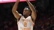 Jan 21, 2025; Knoxville, Tennessee, USA; Tennessee Volunteers guard Chaz Lanier (2) shoots the ball against Mississippi State Bulldogs guard Shawn Jones Jr. (5) during the first half at Thompson-Boling Arena at Food City Center. Mandatory Credit: Randy Sartin-Imagn Images