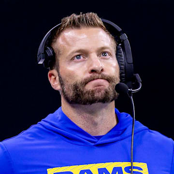 Dec 1, 2024; New Orleans, Louisiana, USA;  Los Angeles Rams head coach Sean McVay looks on against the New Orleans Saints during the second half at Caesars Superdome. Mandatory Credit: Stephen Lew-Imagn Images